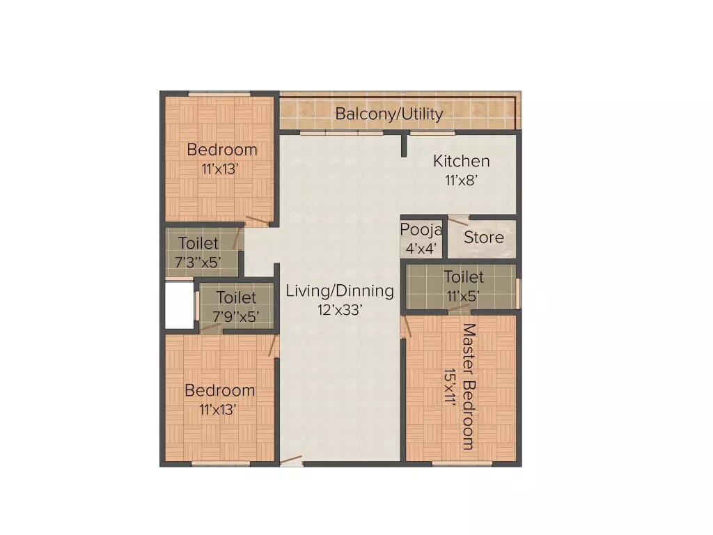 Floor plan of 3 BHK 1659 Sq. Ft. Apartment in Kalpa Arowana, Bangalore