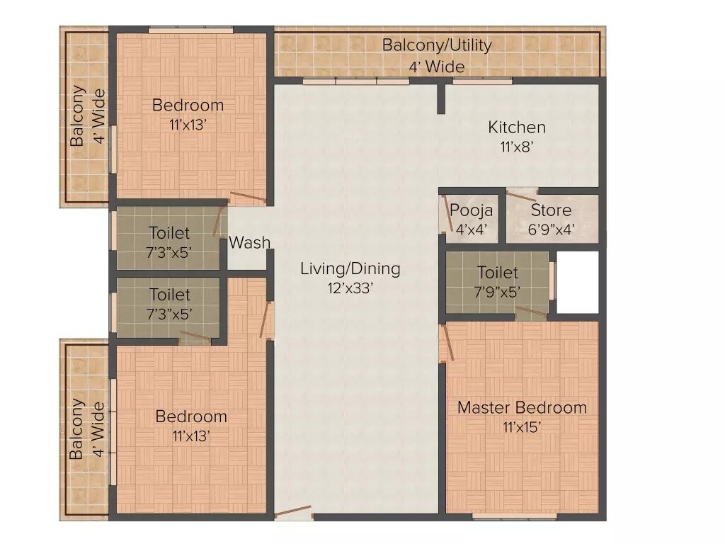 Floor plan of 3 BHK 1807 Sq. Ft. Apartment in Kalpa Arowana, Bangalore