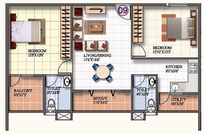 Floor plan of 2 BHK 1014 Sq. Ft. Apartment in Kar Na Sree Mathru Sree Silver Arcade, Bangalore