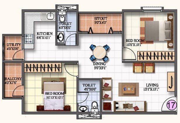 Floor plan of 3 BHK 1361 Sq. Ft. Apartment in Kar Na Sree Mathru Sree Silver Arcade, Bangalore
