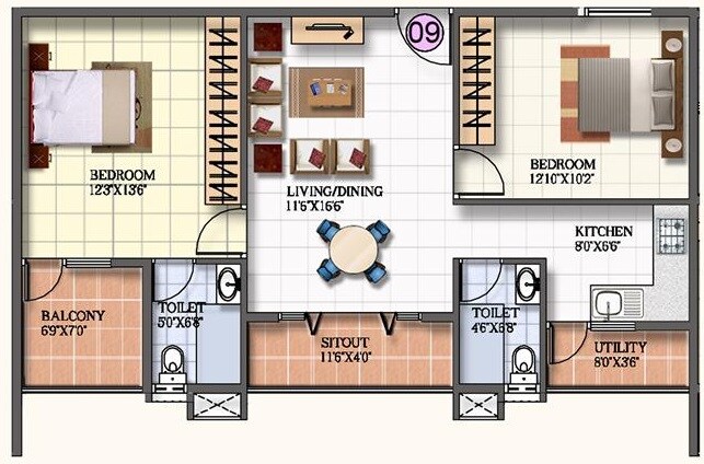 Floor plan of 2 BHK 880 Sq. Ft. Apartment in Kar Na Sree Mathrusree Silver Arcade, Bangalore