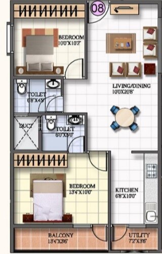 Floor plan of 2 BHK 910 Sq. Ft. Apartment in Kar Na Sree Mathrusree Silver Arcade, Bangalore