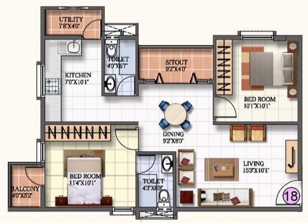 Floor plan of 3 BHK 1600 Sq. Ft. Apartment in Kar Na Sree Mathrusree Silver Arcade, Bangalore