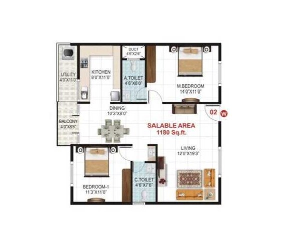 Floor plan of 2 BHK 1180 Sq. Ft. Apartment in Karishma Crystal, Bangalore