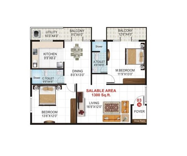 Floor plan of 2 BHK 1300 Sq. Ft. Apartment in Karishma Crystal, Bangalore