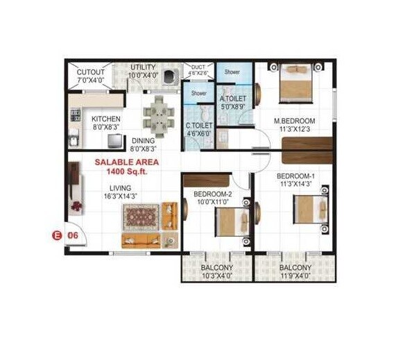Floor plan of 3 BHK 1400 Sq. Ft. Apartment in Karishma Crystal, Bangalore