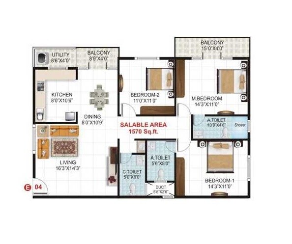 Floor plan of 3 BHK 1570 Sq. Ft. Apartment in Karishma Crystal, Bangalore