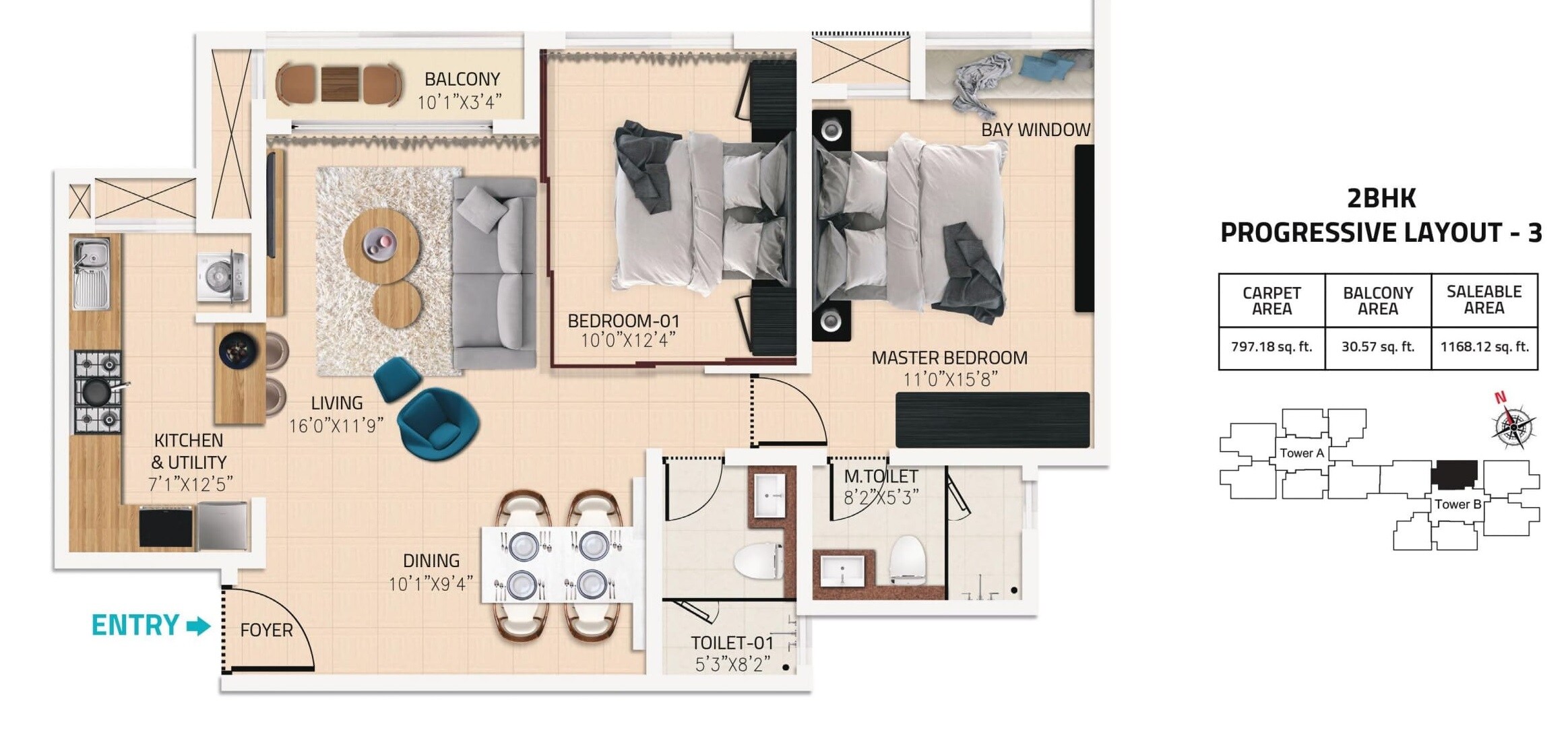 Floor plan of 2 BHK 1168 Sq. Ft. Apartment in Karle Town Centre, Bangalore