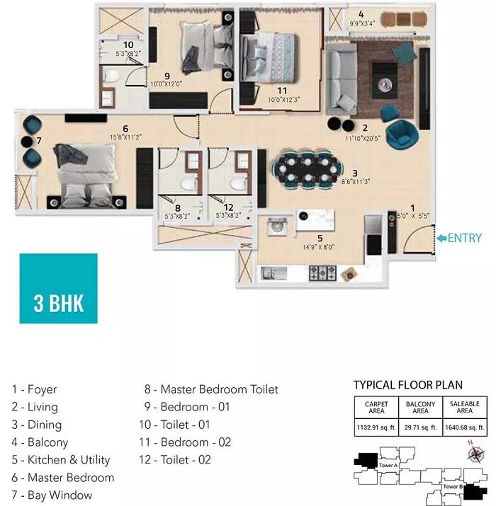 Floor plan of 3 BHK 1640 Sq. Ft. Apartment in Karle Town Centre, Bangalore