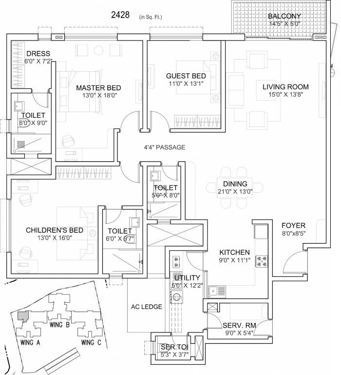 Floor plan of 3 BHK 2428 Sq. Ft. Apartment in Karle Zenith, Bangalore