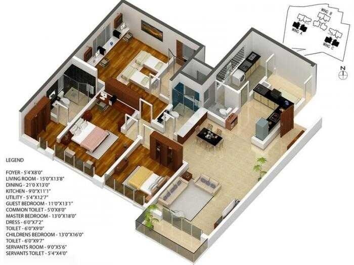 Floor plan of 3 BHK 1675 Sq. Ft. Apartment in Karle Zenith Residence, Bangalore