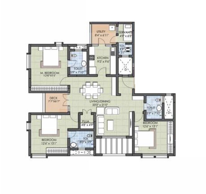 Floor plan of 3 BHK 2145 Sq. Ft. Apartment in KBR Elite, Bangalore