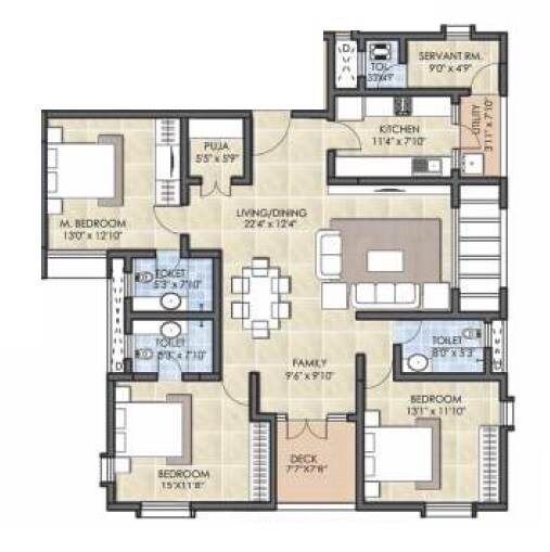 Floor plan of 3 BHK 2295 Sq. Ft. Apartment in KBR Elite, Bangalore