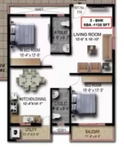 Floor plan of 2 BHK 1135 Sq. Ft. Apartment in KBR Navarathna Residency, Bangalore