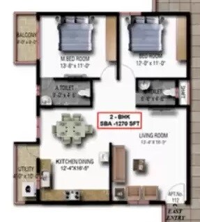 Floor plan of 2 BHK 1270 Sq. Ft. Apartment in KBR Navarathna Residency, Bangalore