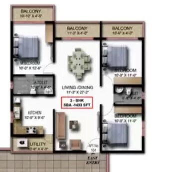 Floor plan of 3 BHK 1433 Sq. Ft. Apartment in KBR Navarathna Residency, Bangalore