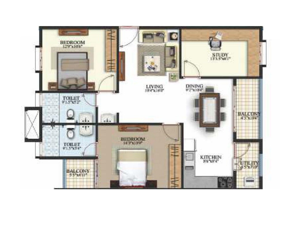 Floor plan of 2 BHK 1345 Sq. Ft. Apartment in Keerthi Krishna Viva, Bangalore