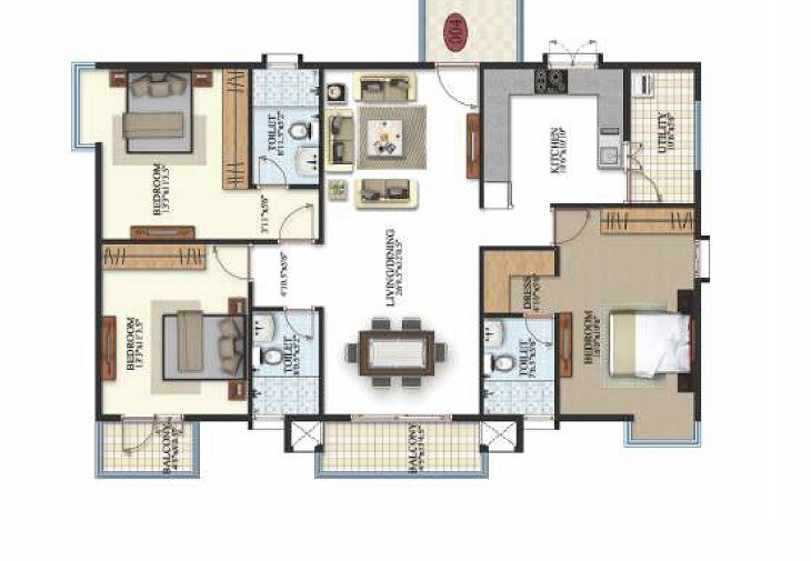 Floor plan of 3 BHK 1460 Sq. Ft. Apartment in Keerthi Krishna Viva, Bangalore