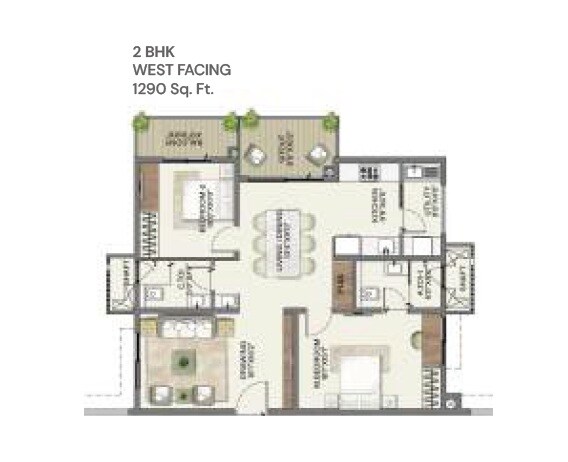 Floor plan of 2 BHK 1290 Sq. Ft. Apartment in Keerthi Nandini The Ascent, Bangalore