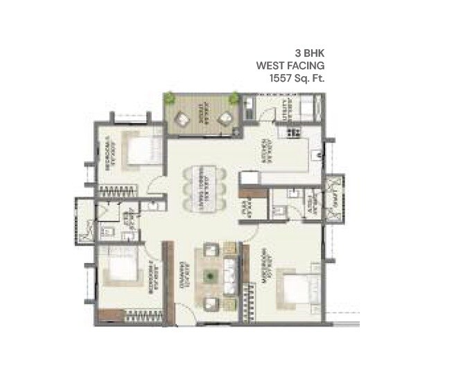Floor plan of 3 BHK 1557 Sq. Ft. Apartment in Keerthi Nandini The Ascent, Bangalore