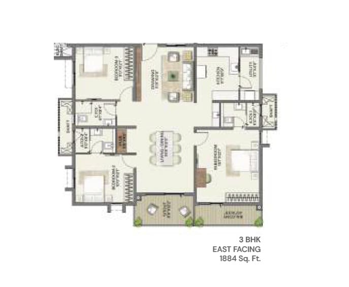 Floor plan of 3 BHK 1884 Sq. Ft. Apartment in Keerthi Nandini The Ascent, Bangalore
