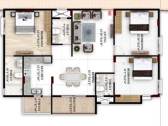 Floor plan of 3 BHK 1141 Sq. Ft. Apartment in Keerthi Splendour, Bangalore