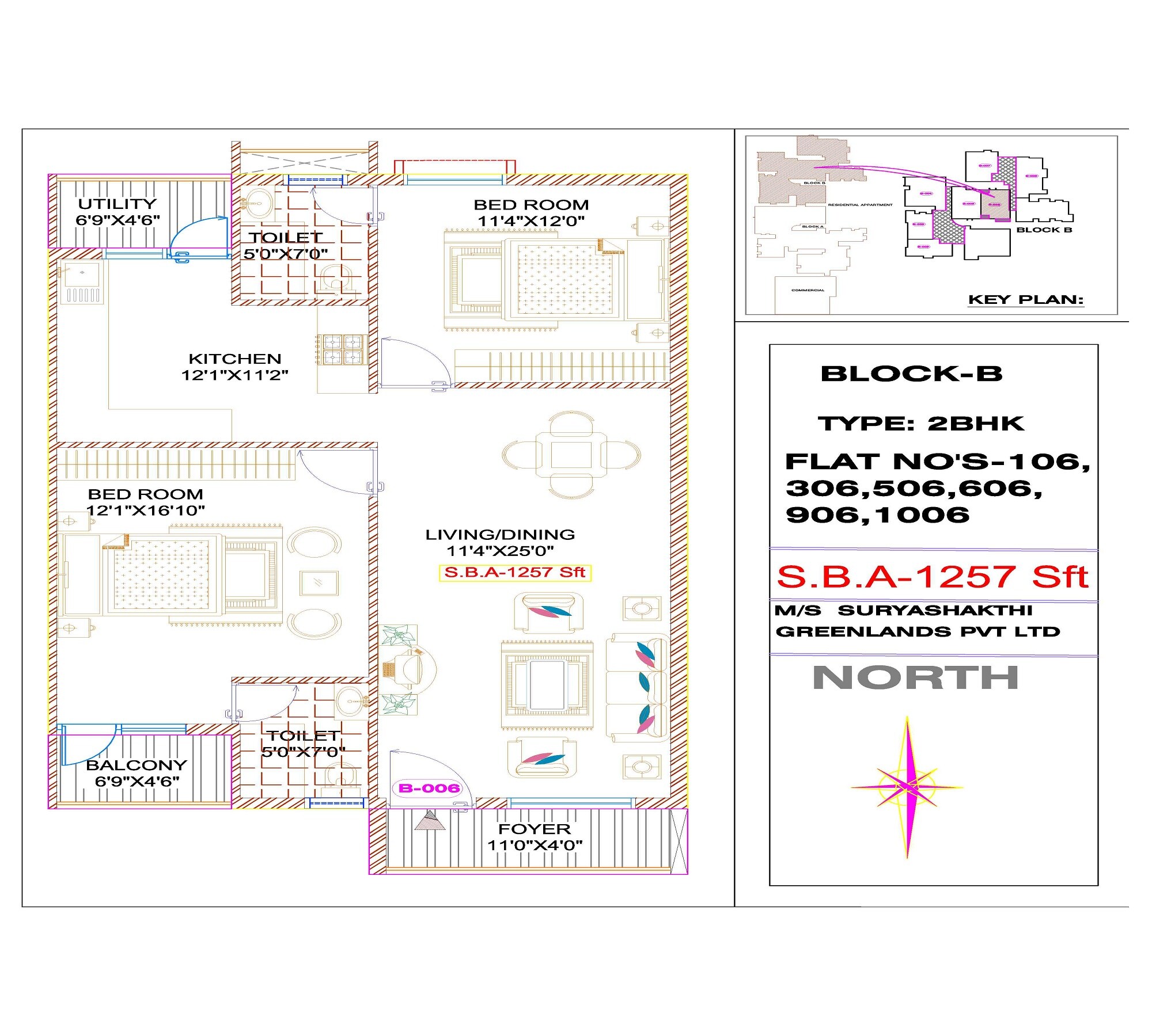 Floor plan of 2 BHK 1257 Sq. Ft. Apartment in Keerthi Surya Shakthi Towers, Bangalore