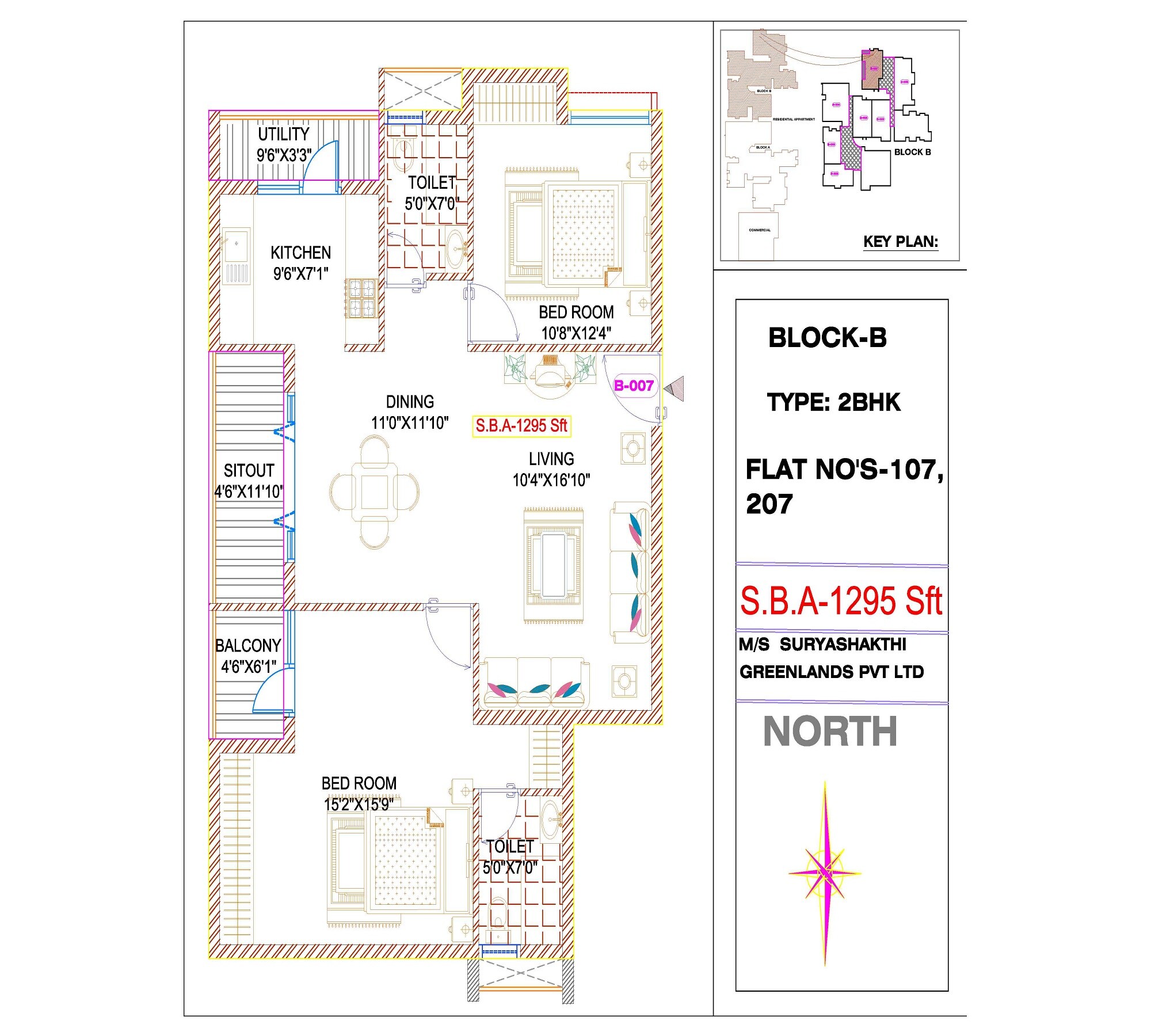 Floor plan of 2 BHK 1295 Sq. Ft. Apartment in Keerthi Surya Shakthi Towers, Bangalore