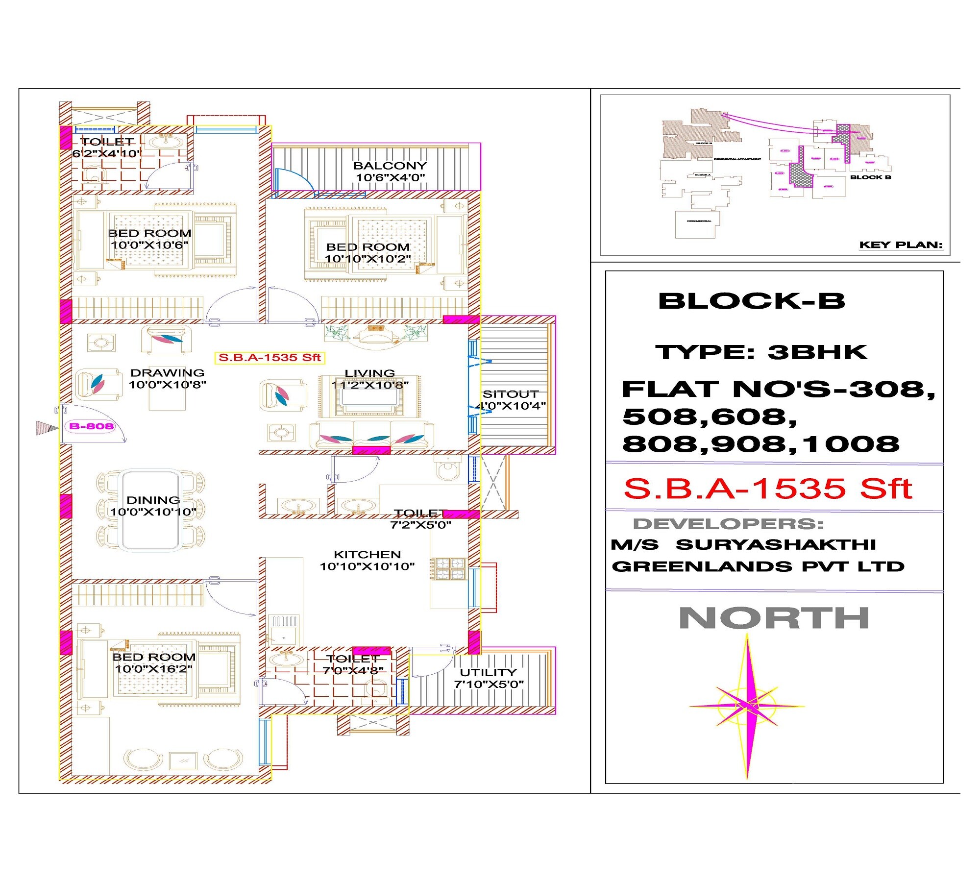 Floor plan of 3 BHK 1535 Sq. Ft. Apartment in Keerthi Surya Shakthi Towers, Bangalore