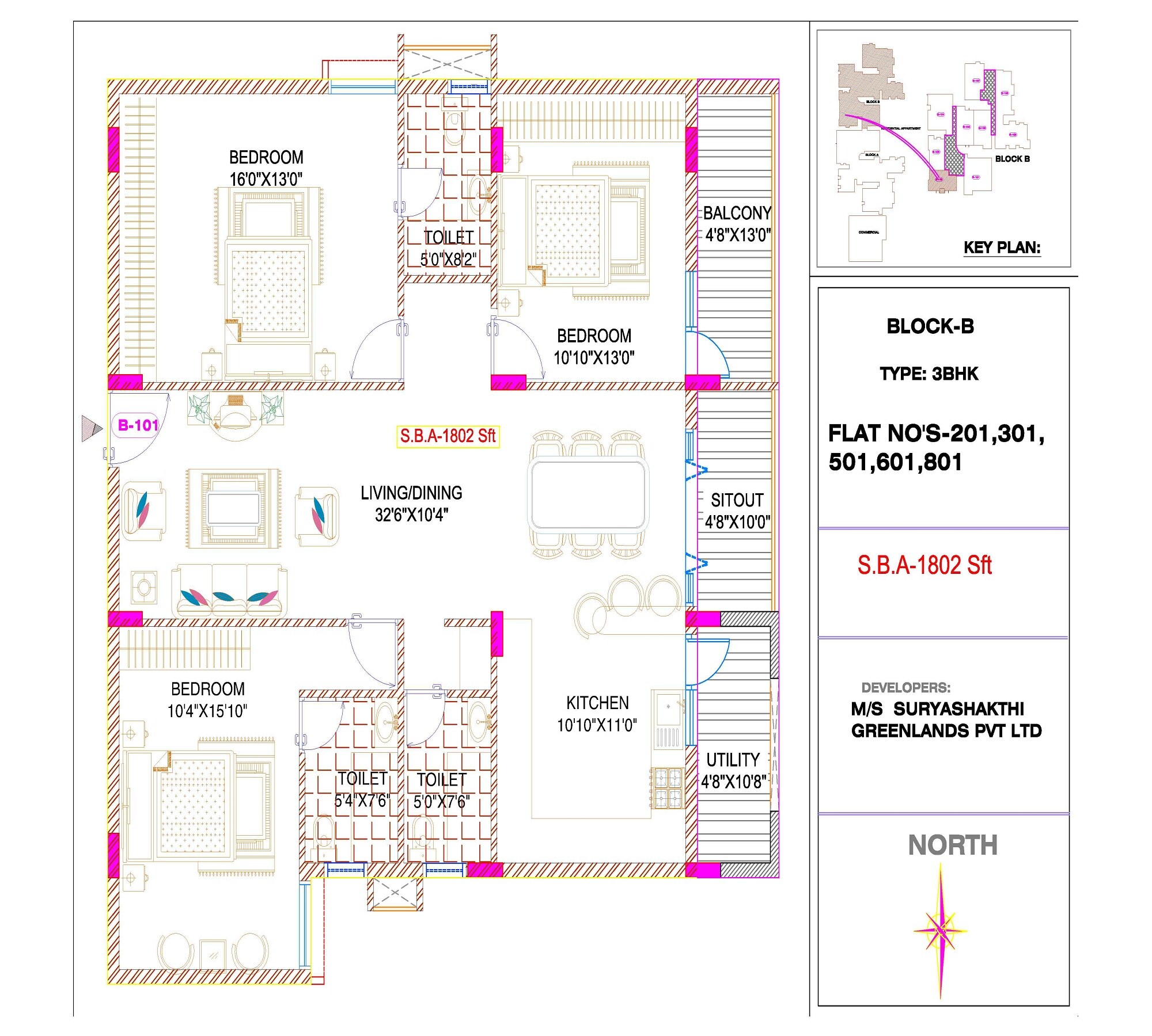 Floor plan of 3 BHK 1802 Sq. Ft. Apartment in Keerthi Surya Shakthi Towers, Bangalore