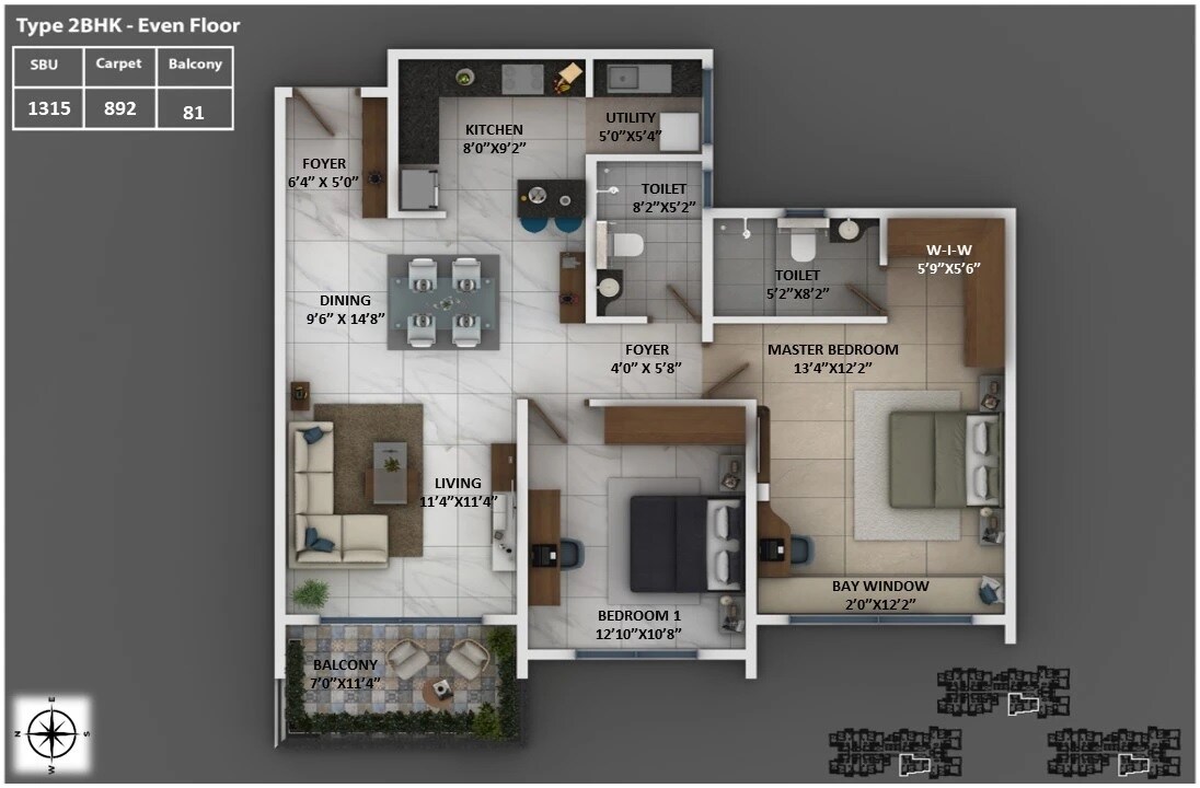 Floor plan of 2 BHK 1315 Sq. Ft. Apartment in Keya Around The Life, Bangalore
