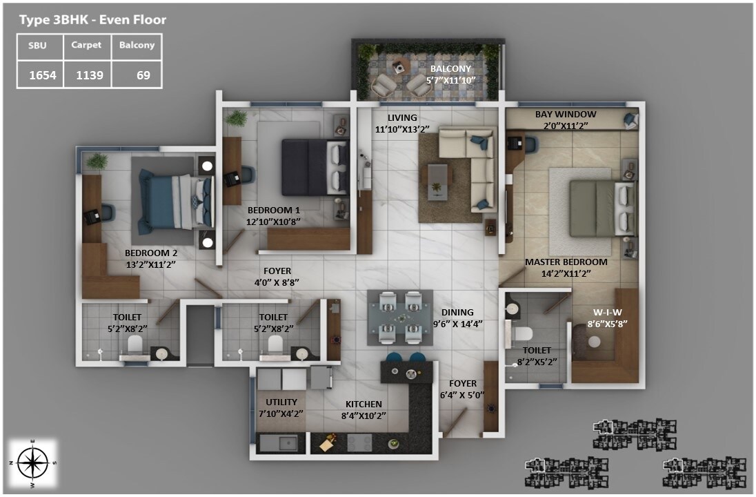 Floor plan of 3 BHK 1654 Sq. Ft. Apartment in Keya Around The Life, Bangalore