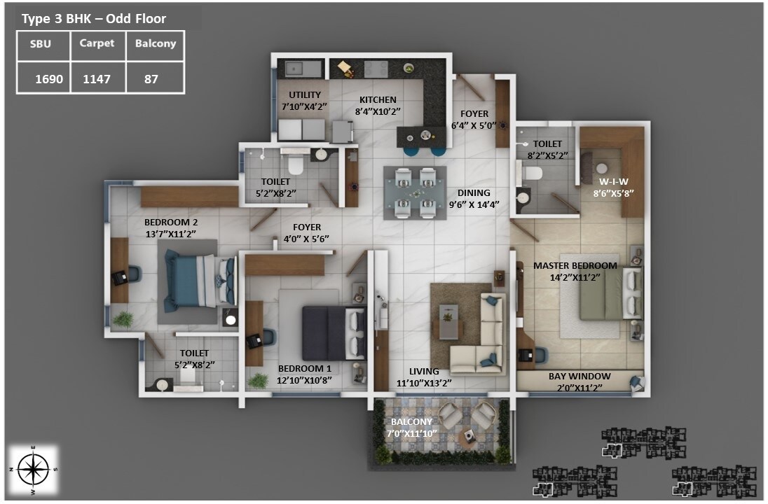 Floor plan of 3 BHK 1690 Sq. Ft. Apartment in Keya Around The Life, Bangalore