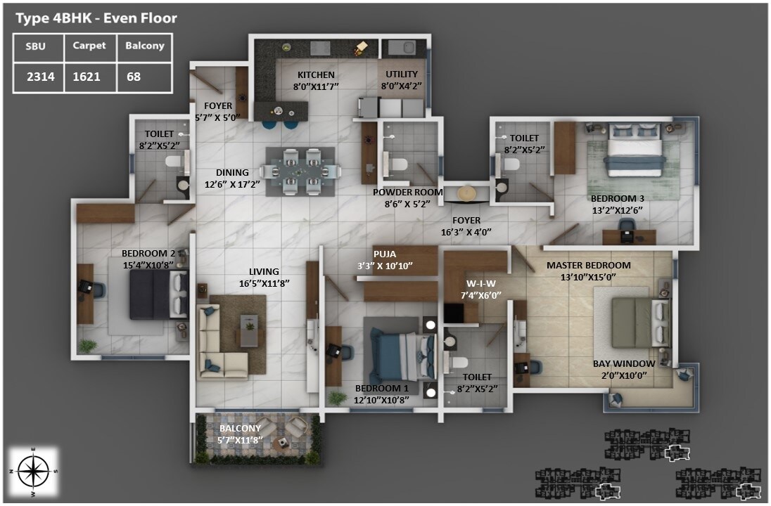 Floor plan of 4 BHK 2314 Sq. Ft. Apartment in Keya Around The Life, Bangalore