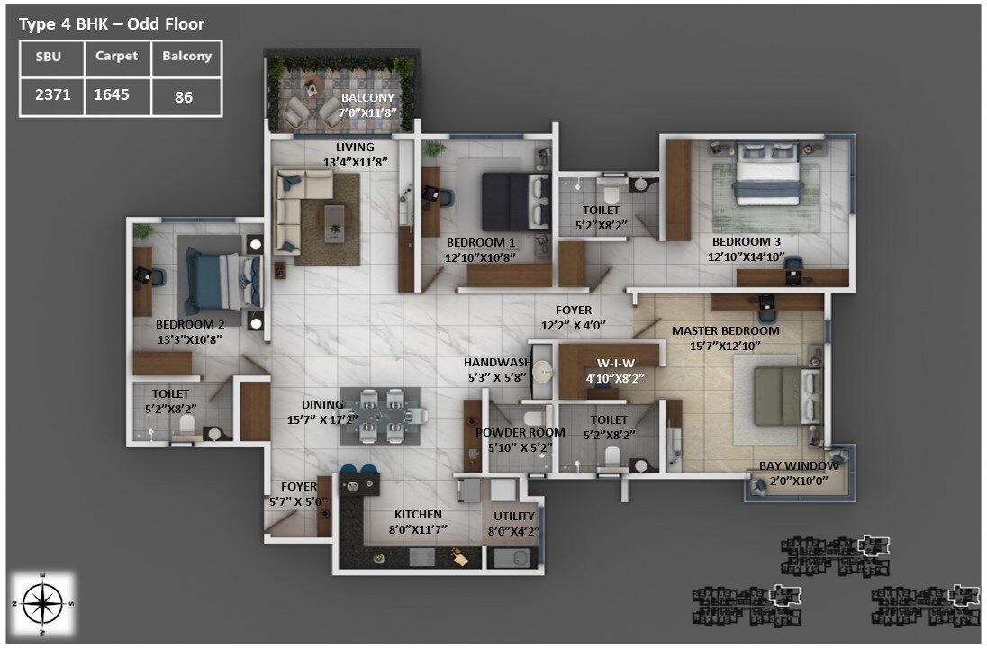 Floor plan of 4 BHK 2371 Sq. Ft. Apartment in Keya Around The Life, Bangalore
