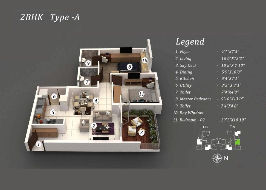 Floor plan of 2 BHK 940 Sq. Ft. Apartment in Keya Homes The Green Terraces, Bangalore