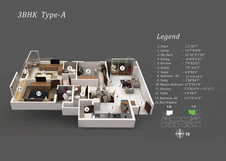 Floor plan of 3 BHK 1495 Sq. Ft. Apartment in Keya Homes The Green Terraces, Bangalore
