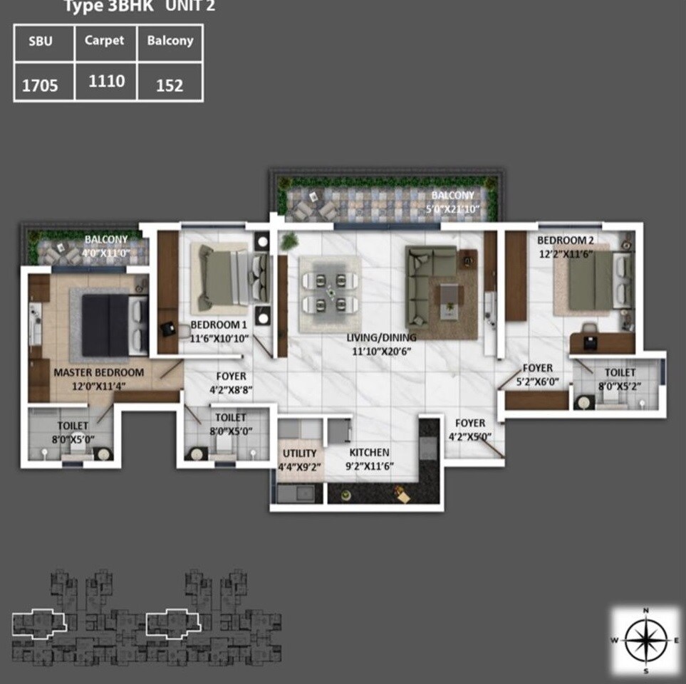 Floor plan of 3 BHK 1705 Sq. Ft. Apartment in Keya Spring, Bangalore
