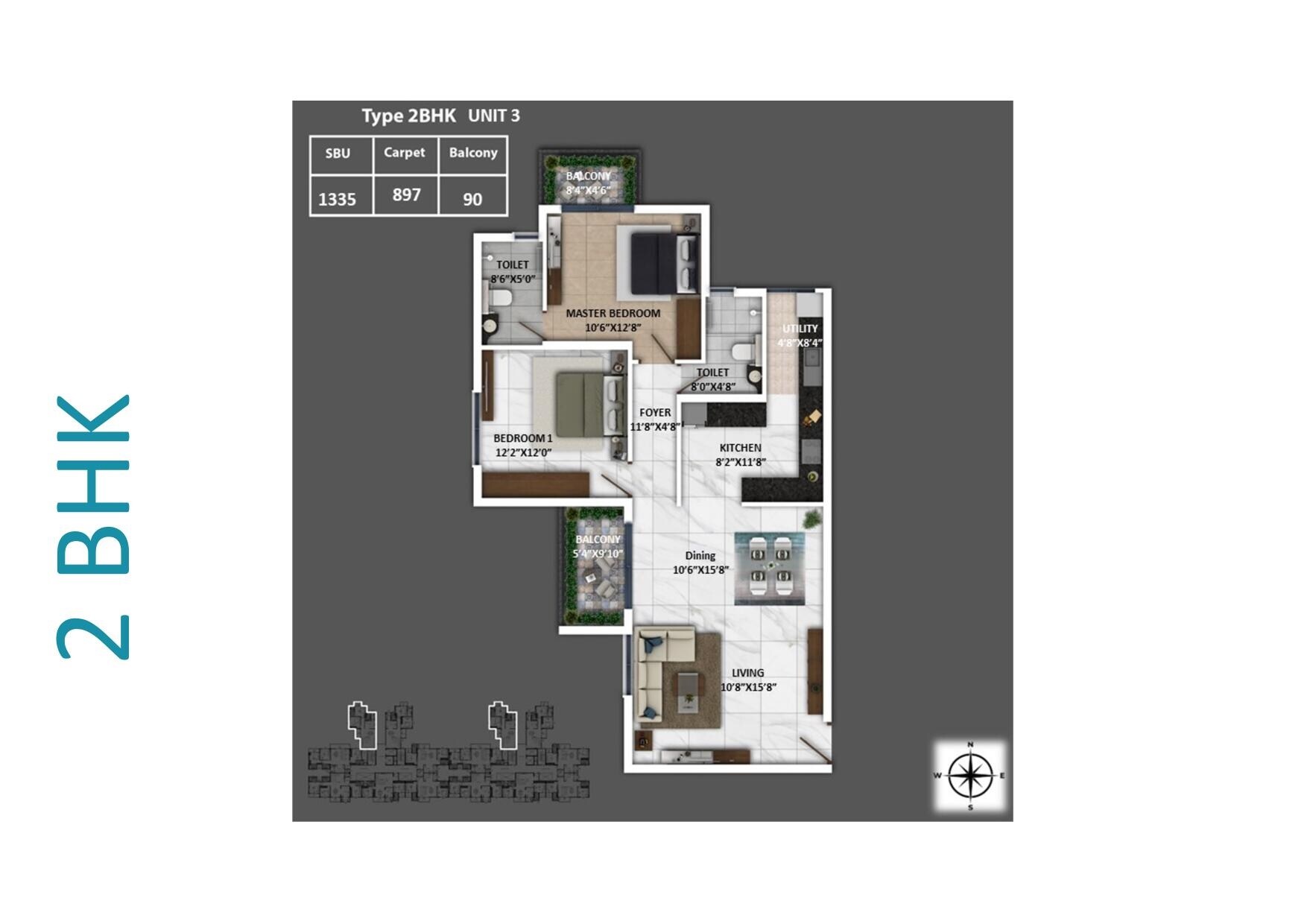 Floor plan of 2 BHK 1335 Sq. Ft. Apartment in Keya Springs, Bangalore