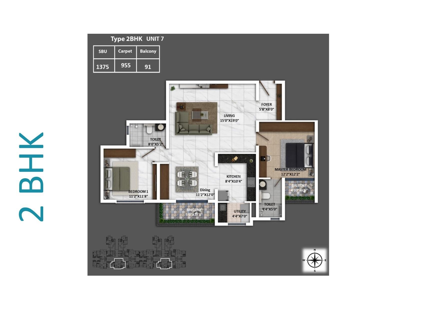 Floor plan of 2 BHK 1375 Sq. Ft. Apartment in Keya Springs, Bangalore