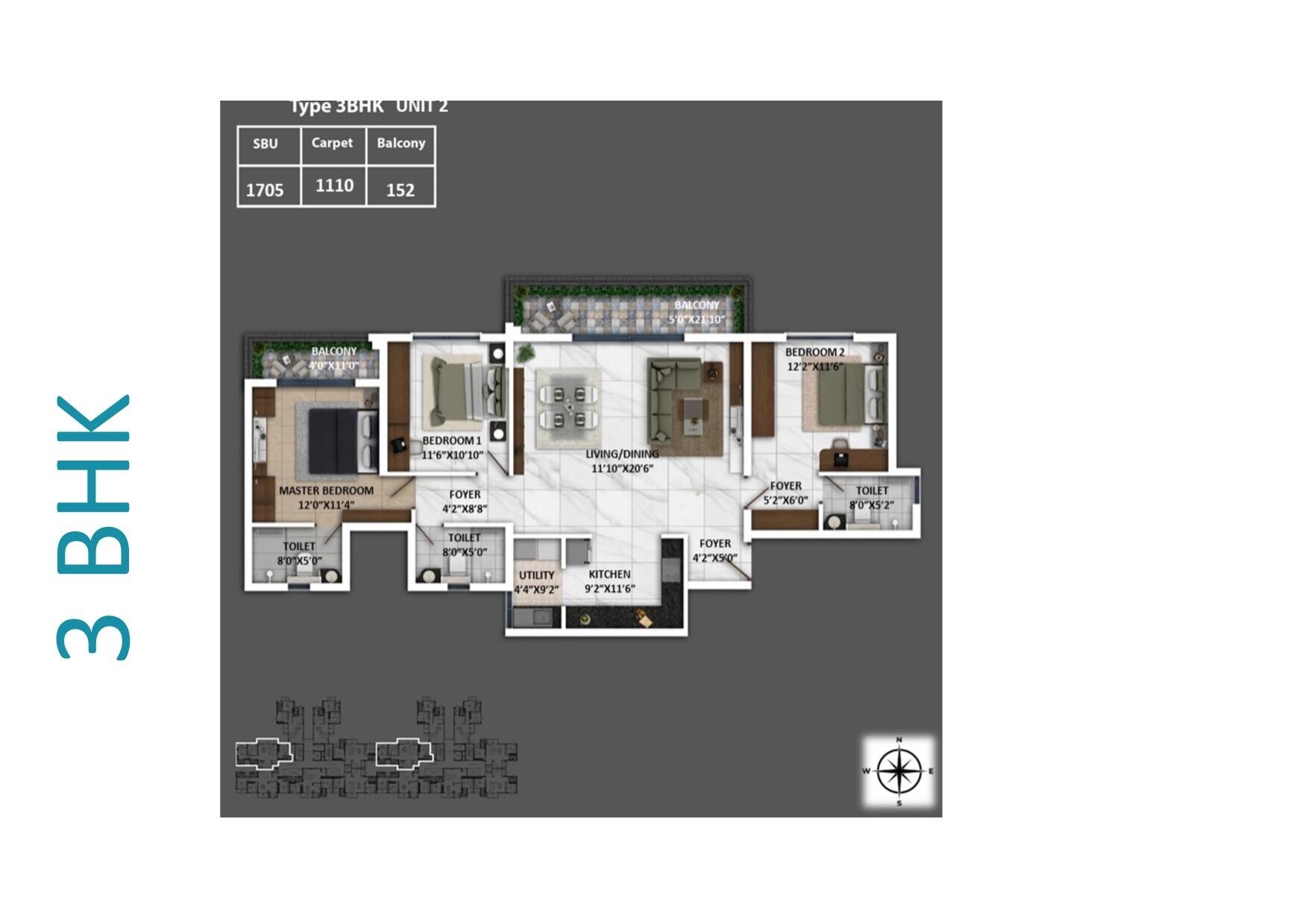 Floor plan of 3 BHK 1705 Sq. Ft. Apartment in Keya Springs, Bangalore