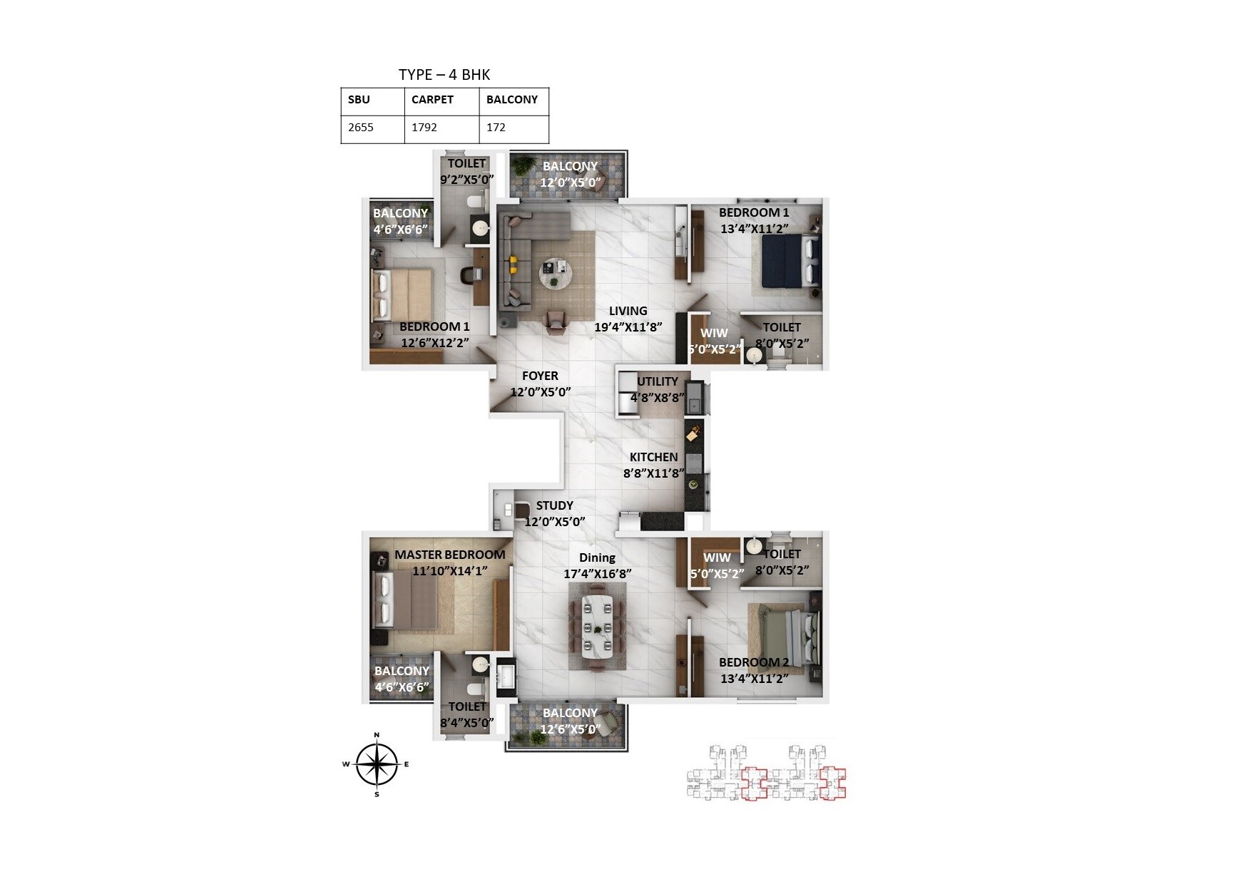 Floor plan of 4 BHK 2655 Sq. Ft. Apartment in Keya Springs, Bangalore