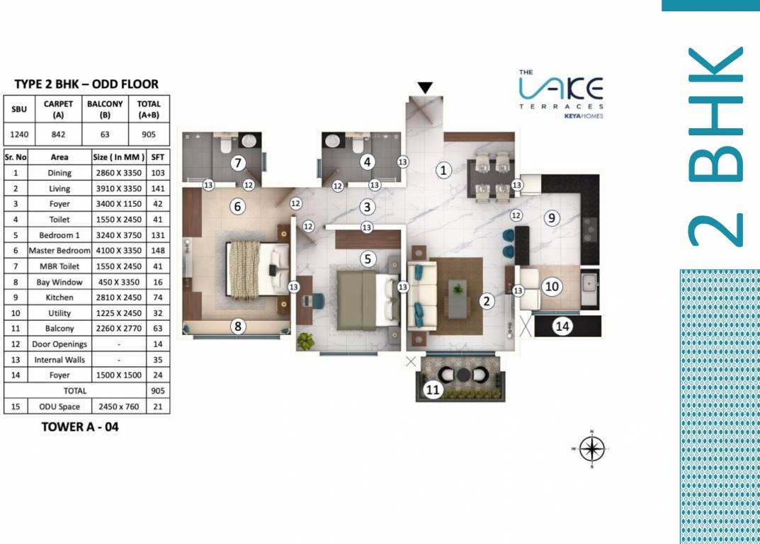 2 BHK 1240 Sq. Ft. Apartment in Keya The Lake Terraces