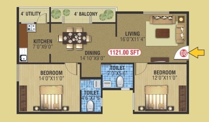 Floor plan of 2 BHK 1121 Sq. Ft. Apartment in Keystone Ankuraa Park View, Bangalore