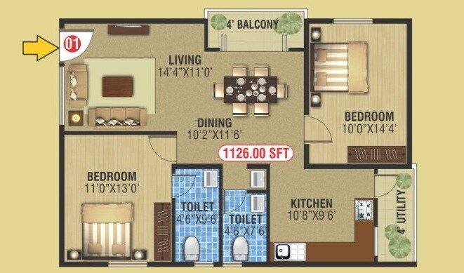 Floor plan of 2 BHK 1126 Sq. Ft. Apartment in Keystone Ankuraa Park View, Bangalore