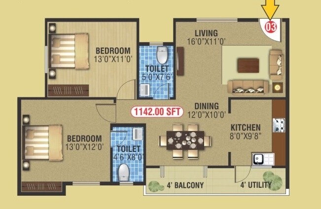 Floor plan of 2 BHK 1142 Sq. Ft. Apartment in Keystone Ankuraa Park View, Bangalore