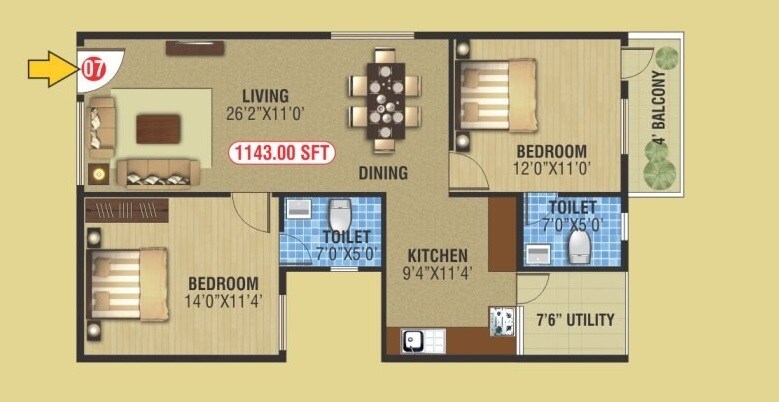 Floor plan of 2 BHK 1143 Sq. Ft. Apartment in Keystone Ankuraa Park View, Bangalore