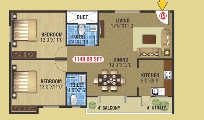 Floor plan of 2 BHK 1148 Sq. Ft. Apartment in Keystone Ankuraa Park View, Bangalore