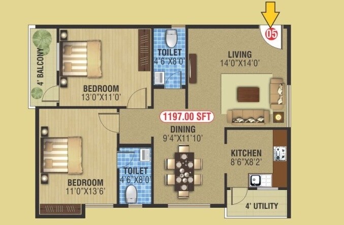 Floor plan of 2 BHK 1197 Sq. Ft. Apartment in Keystone Ankuraa Park View, Bangalore