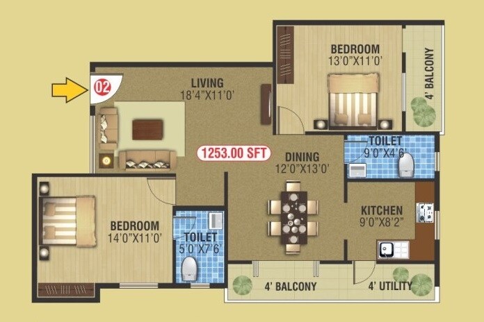 Floor plan of 2 BHK 1253 Sq. Ft. Apartment in Keystone Ankuraa Park View, Bangalore